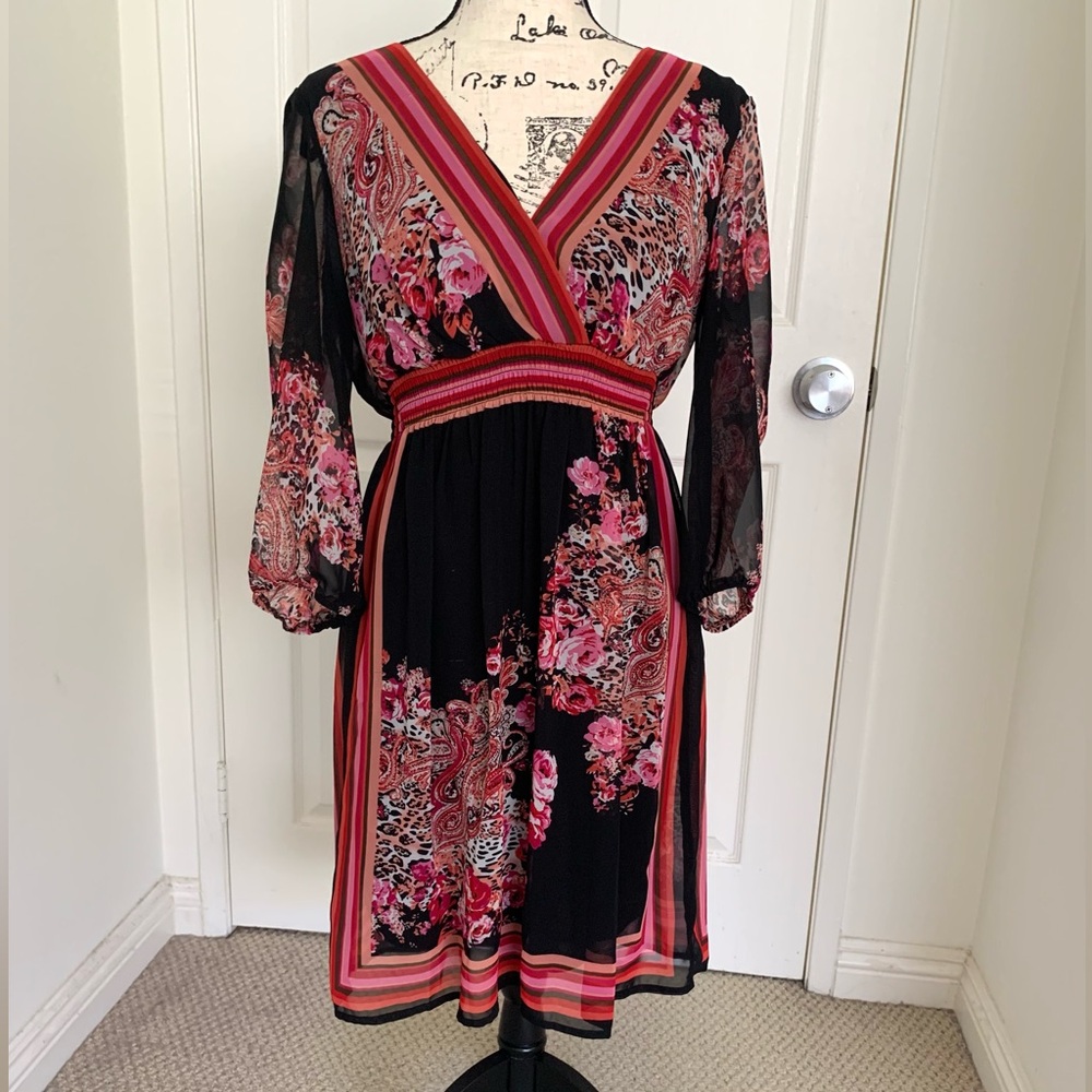 Bisou Bisou Red Black Flirol Boho V-Neck Layered Dress